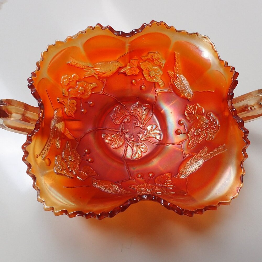 VTG Fenton Birds & Cherries Pumpkin color Carnival Glass Bon-Bon Dish